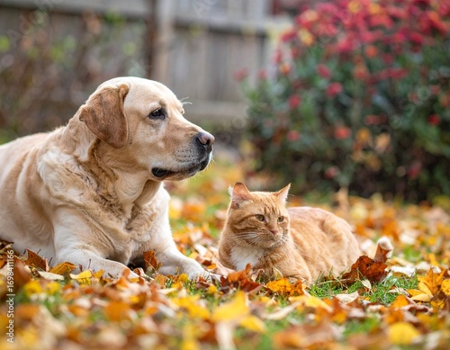 chien labrador et chat tigré au jardin