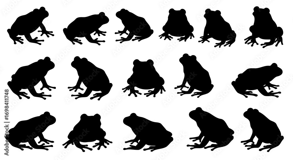 Obraz premium Frog Vector Pattern – Multi‐Pose Frog Silhouettes on White Background