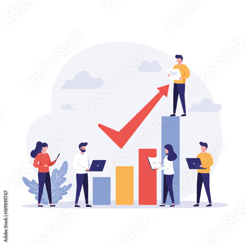 Diverse professional team collaborates on project success and business growth, illustrating an ascending bar chart and a checkmark in a vibrant 2D flat vector style.