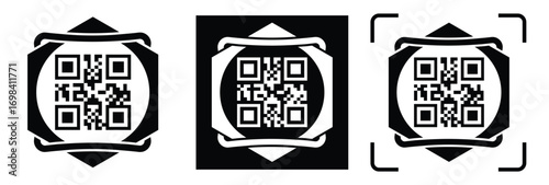 High-contrast black and white QR code with grid squares, centered in frame. Simple thin black border. Clean digital design, technical style, suitable for scanning or template use.