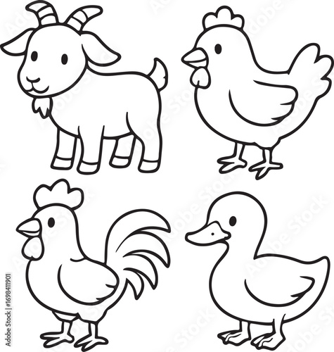 Cute farm animals coloring book page – goat, chicken, rooster and duck cartoon vector