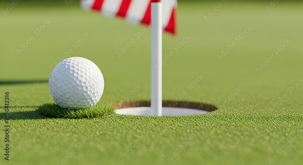 Obraz premium Golf Ball Near Hole on Bright Green Grass with Striped Flag