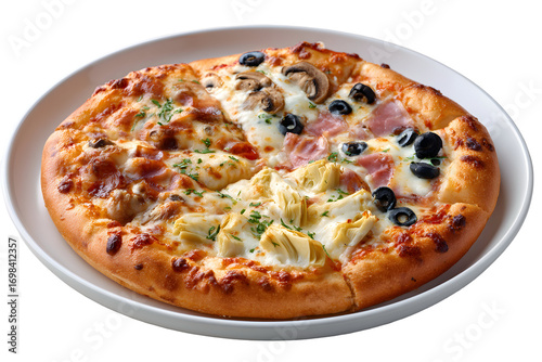 Pizza Quattro Stagioni (Four Seasons), a classic Italian pizza divided into four sections, each with a different topping like ham, mushrooms, or artichokes.