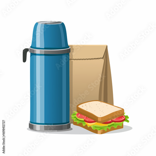 Thermos, lunch paper bag and sandwich. Vacuum flask with hot drink, food for outdoor adventures, travel.