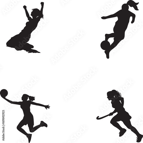 Women Sports Silhouette Icons Set – Female Athletes Soccer, Basketball, Volleyball, Hockey