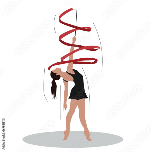rhythmic gymnastics women. Beautiful rhythmic gymnast performing with ribbon on сarpet wearing red leotard. 