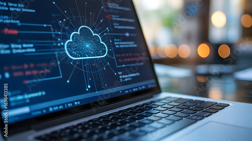 Cloud Computing Diagram on Laptop Screen: A modern laptop displays an intricate cloud computing diagram, symbolizing data connectivity and digital innovation.
