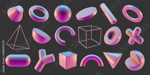 3D neon figures. Holographic object render. Abstract gradient capsule or tube. Sphere form. Donut ring and cube. Iridescent pyramid. Foil hemisphere. Vector isolated glossy shapes set