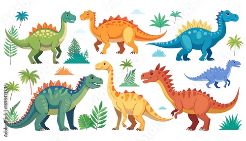 Cartoon dinosaurs in a prehistoric scene