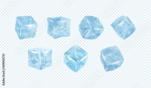 Ice cube. 3d frost block, square water piece for drink, crystal and frosty cool blue objects for cold refrigerator. Melt water, various angles view isolated vector realistic illustration
