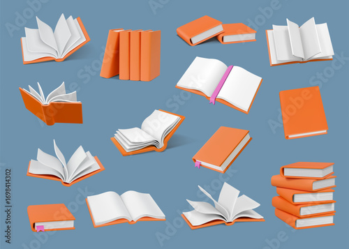 Open books. 3d floating knowledge, publication reading or history paper with bookmark, closed with hardcover. Education and knowledge symbol. Encyclopedia and dictionary. Render vector icons