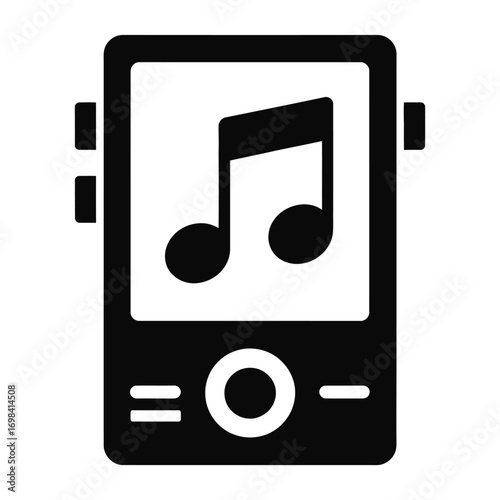 Black and white icon of a portable music player with a musical note