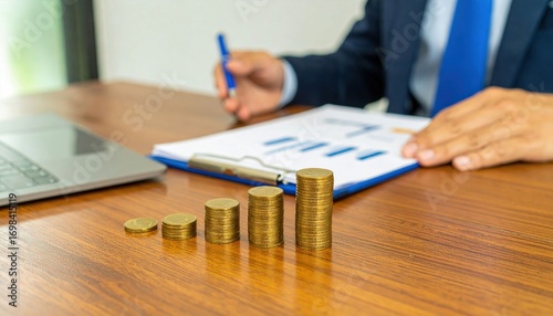 The image shows a stack of coins representing financial growth, alongside a man filling out a report with a laptop in a professional setting.