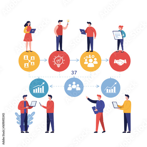 A diverse team of colleagues collaborates on a vibrant flat 2D vector illustration depicting a project timeline with four distinct stages, connected by arrows, all set on a clean white background.
