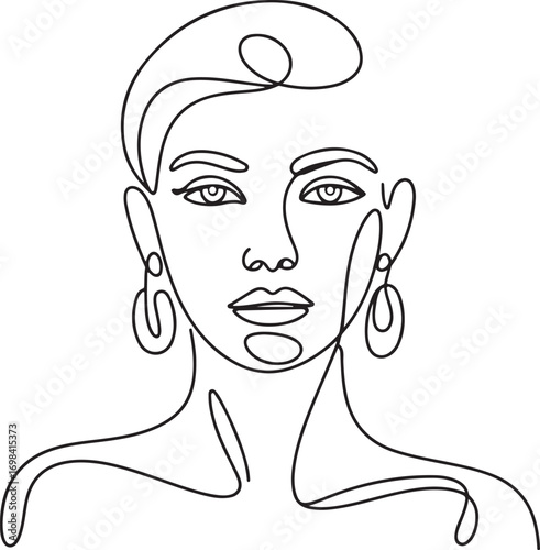 Minimal one line art of a woman face with elegant earrings abstract continuous line vector illustration