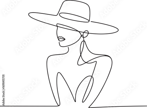 Minimal one line art of a woman wearing wide-brim hat elegant abstract continuous line vector illustration