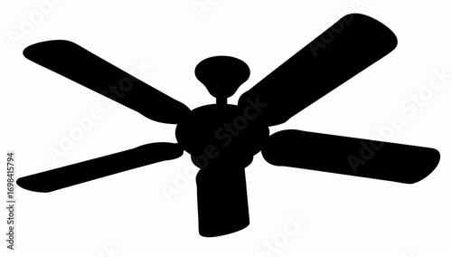 A silhouette of a ceiling fan with five blades evenly spaced around the central motor housing unit design