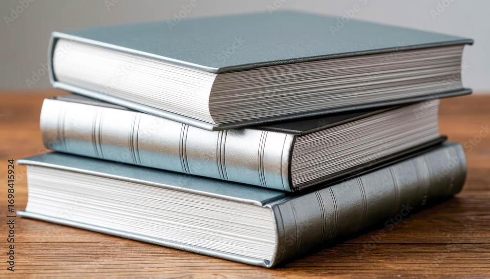 Obraz premium Three hardcover books stacked on wooden surface, studio setting, neutral background