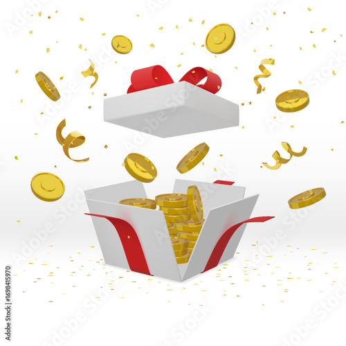 Gift box. Open present. Money prize. 3D gold cash or award winner package. Big realistic surprise. Winner congratulation. Sale promotion. Golden confetti explosion. Vector holiday object
