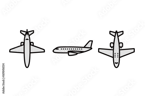 A set of simple, flat vector illustrations of an airplane, showing the top, side, and front views in a clean and modern style.