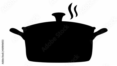 A black silhouette of a cooking pot with a lid and steam rising, isolated on a white background image view