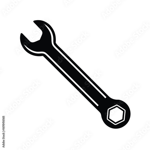 Simple black silhouette of a wrench on a clean white background