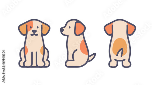 A set of simple, cute, and flat vector illustrations of a puppy, showcasing its front, side, and back profiles in a clean and modern style.