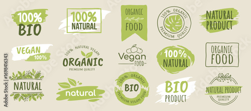 Organic label. Fresh nature logo, 100 bio food or recycle eco tag. Green text button, fruit or leaf icon. Healthy products packaging design isolated elements. Vector stamp and stickers