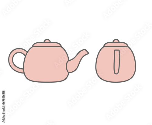 A set of simple, flat vector illustrations of a teapot, featuring a side view and a top-down view on a clean white background.