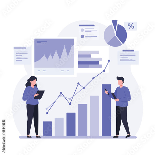 Two business professionals analyze large bar and pie charts, with one pointing at specific data while the other takes notes on a tablet in a vibrant 2D flat vector illustration.