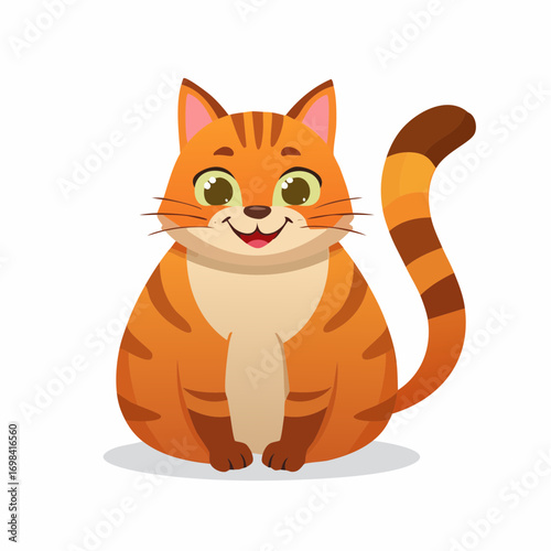 Cat poses. Cartoon red fat striped cat emotions and behavior.