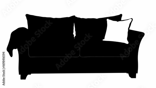 Silhouette of a loveseat with two cushions and a throw blanket and a white pillow on the right side