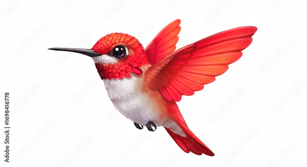 Fototapeta premium 鮮やか赤色ハチドリ 羽ばたく姿 愛らしい瞳 デジタルペイント. AI Generated
