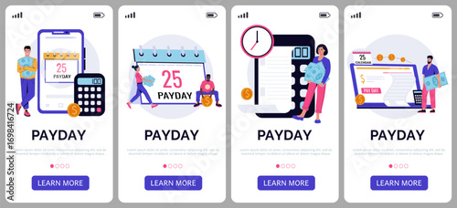 Payday characters. Pay day. Mobile onboarding interface. People waiting salary. Wage for working. Payoff date. Phone app. Employee holding banknotes and wallet. Vector templates set