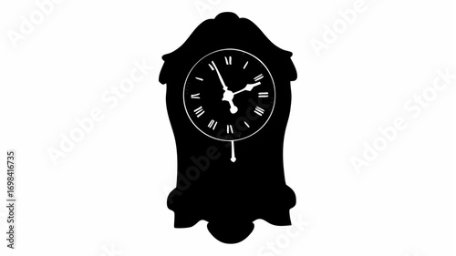 Silhouette image of a vintage wall clock with roman numerals and pendulum showing the time at two ten