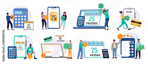 People with coins. Payday at calendar. Workers wait salary. Wage calculator. Money payment. Finance earning. Paycheck planner. Payoff to employee. Financial profit. Vector concepts set