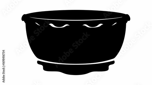 Silhouette of a wide black bowl with a decorative rim sitting on a small pedestal base design element