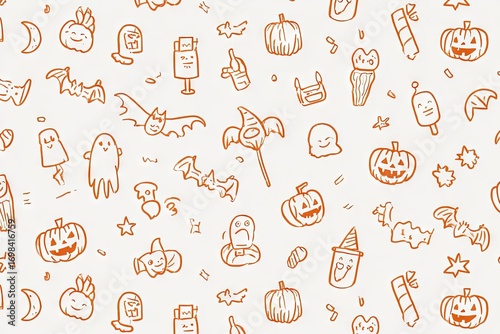 Seamless Halloween pattern with cute hand drawn orange doodles.