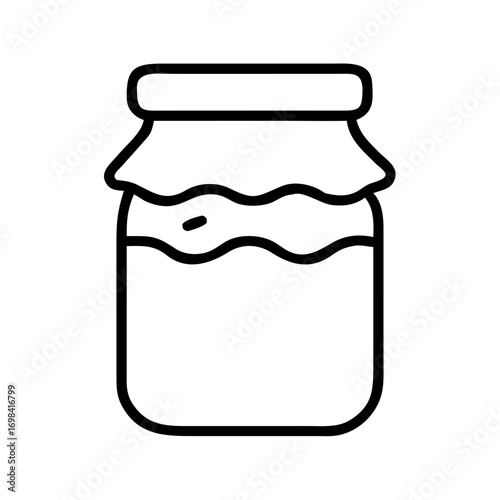 Jar of preserved food or homemade jam covered with cloth. Cooking and food preparing concept. Outline vector icon for application or website design