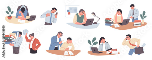 Stress at work. Office burnout. Busy anxiety or tired people. Boss shouts. Angry woman. Frustrated person at workplace. Overworked man. Lot of paperwork. Vector corporate characters set