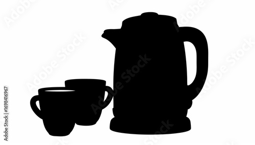 Silhouette of a coffee pot with a handle and two coffee cups placed beside it on a white background