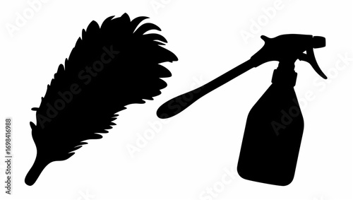 Silhouette depiction of a feather duster and a spray bottle for cleaning purposes in black and white