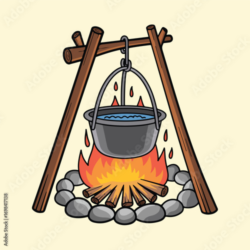 Magician's cooking pot with a kettle illustration, isolated on a white background with wood fire and flame
