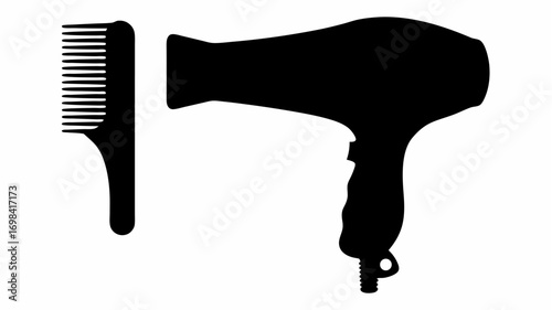 Silhouette of a hair dryer and a comb for styling hair and beauty treatments in black and white style