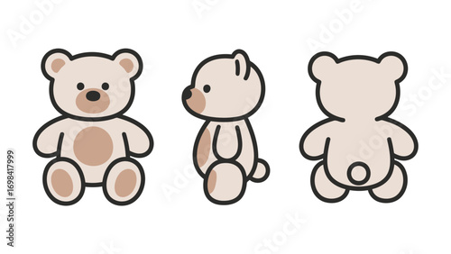 Gentle Teddy Bear from Front, Side, and Back for Childhood and Comforting Themes