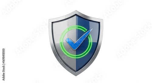 A glossy shield displays a bright checkmark within a glowing green circle on a white background