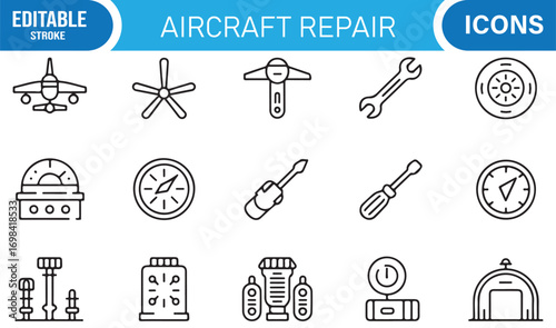 Aviation service and repair vector icons pack featuring airplanes, gear, hangars, and aerospace tools