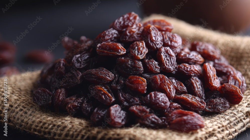 Obraz premium Raisins nutritional benefits. Dried raisins piled on a burlap surface, showcasing their rich color and texture.