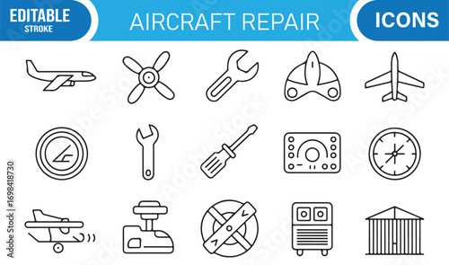 Aerospace engineering line icon collection with aircraft repair tools, turbines, and propellers