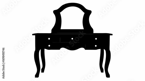 Silhouette of a vanity table with a mirror and drawers showcasing elegant curves and classic design elements
